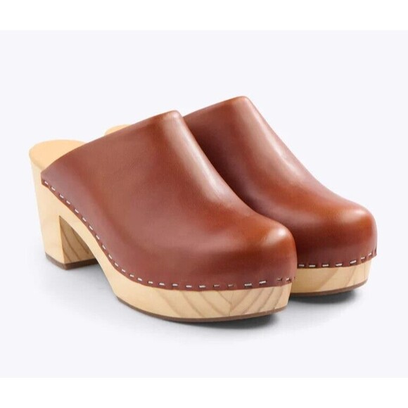 Nisolo Leather Closed Toe Slip On Wooden All Day Mule Heeled Clog BRANDY‎ - Picture 1 of 7